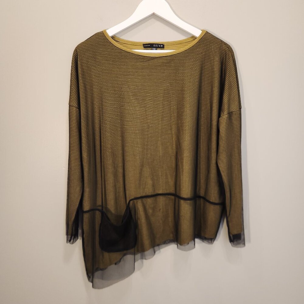 KOZAN Top Yellow with Black Mesh Overlay Asymetrical Pocket Goth Grunge - Size S